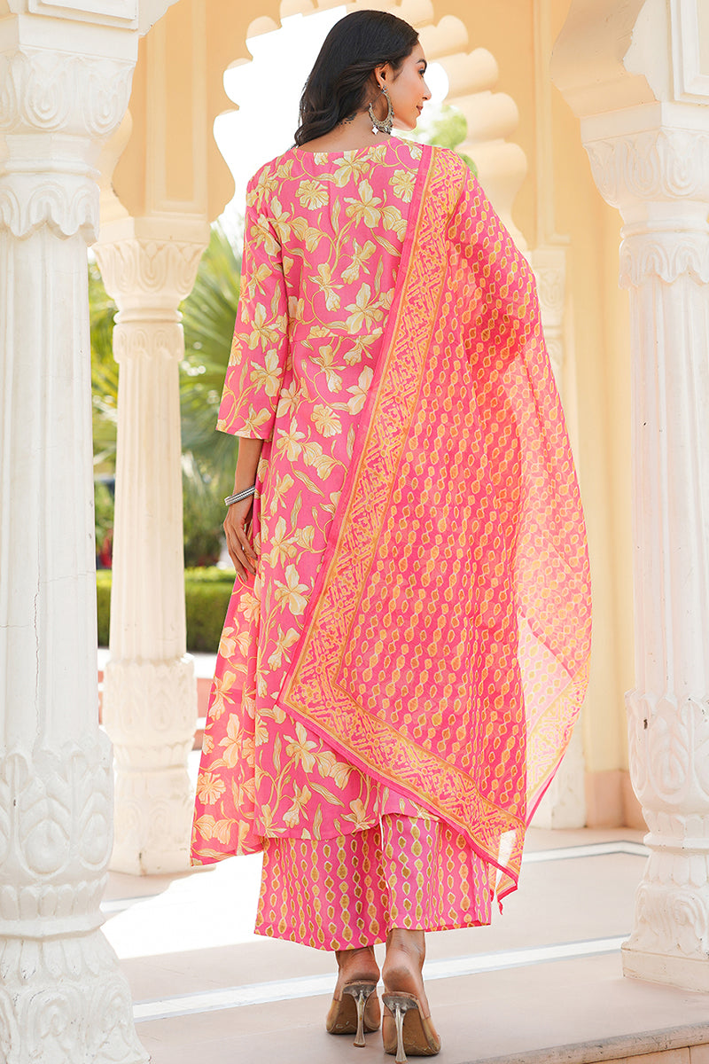 Pink Rayon Blend Floral Printed A-Line Kurta Palazzo With Dupatta VKSKD2347