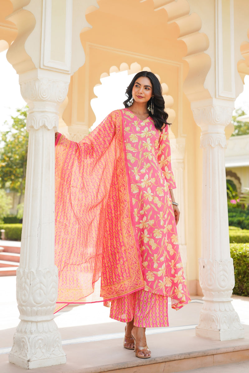 Pink Rayon Blend Floral Printed A-Line Kurta Palazzo With Dupatta VKSKD2347