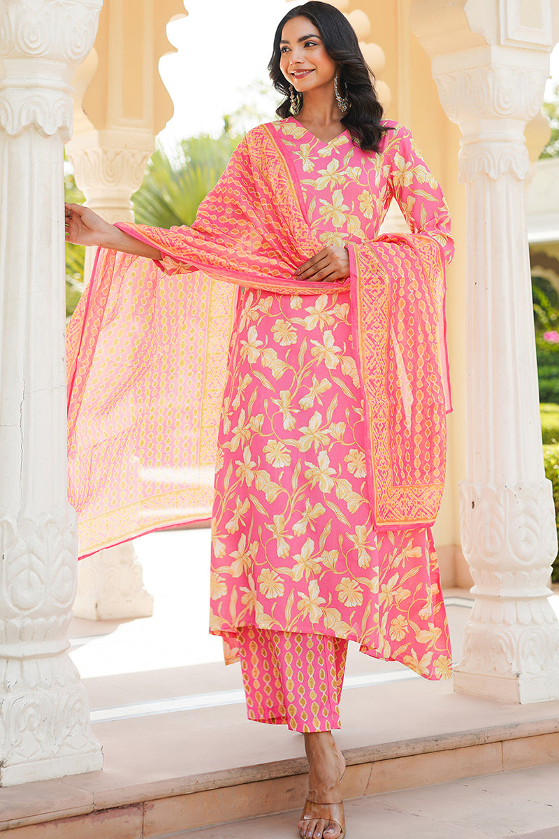 Pink Rayon Blend Floral Printed A-Line Kurta Palazzo With Dupatta VKSKD2347