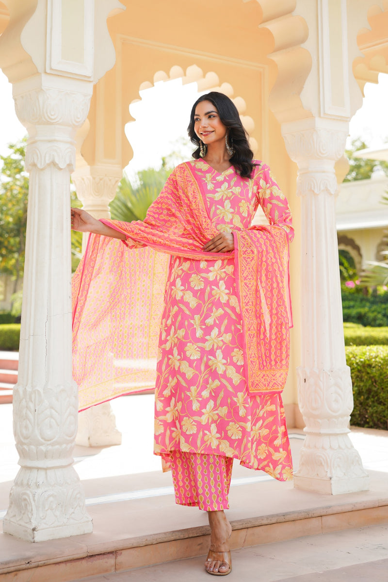 Pink Rayon Blend Floral Printed A-Line Kurta Palazzo With Dupatta VKSKD2347