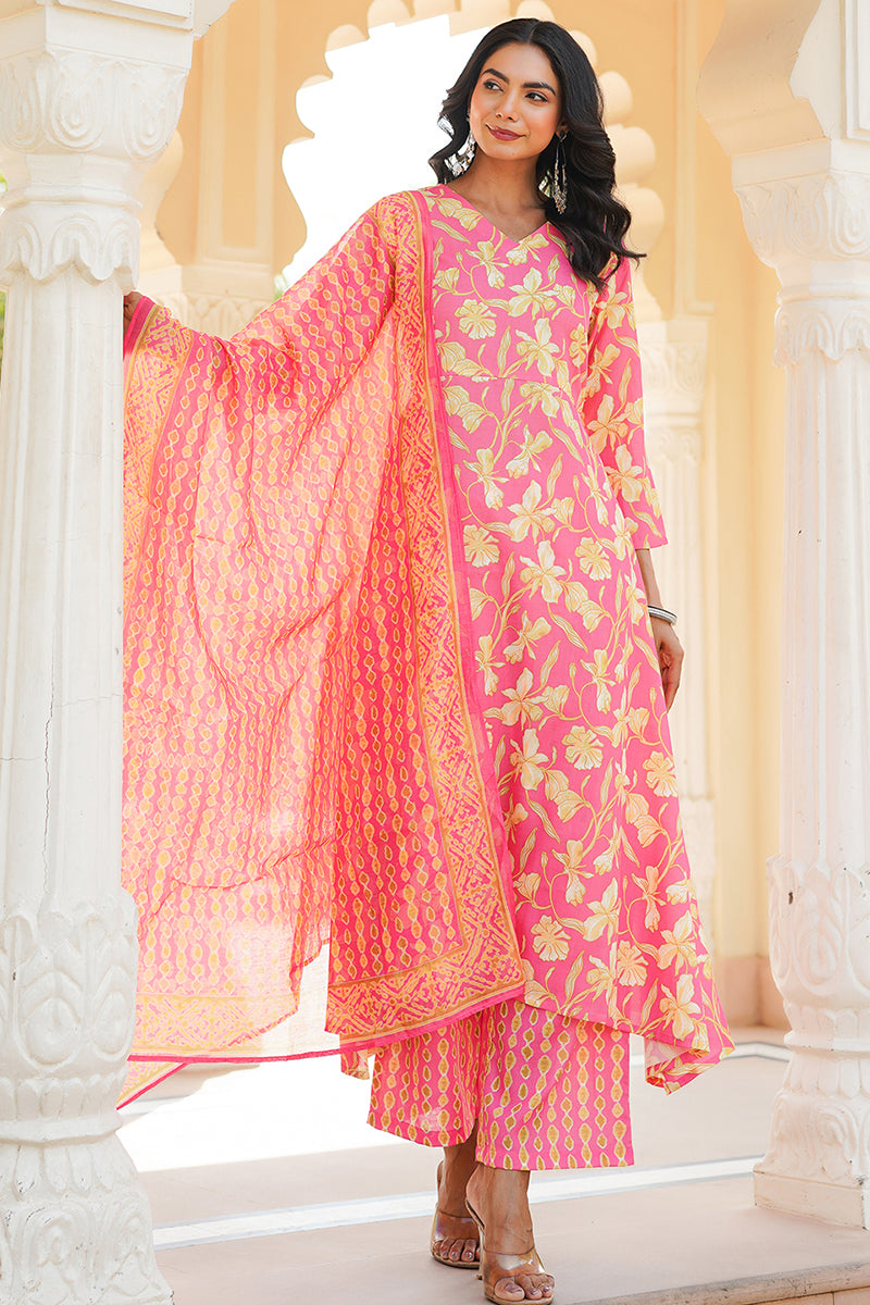 Pink Rayon Blend Floral Printed A-Line Kurta Palazzo With Dupatta VKSKD2347