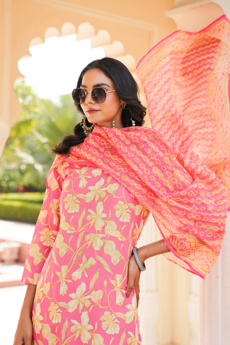 Pink Rayon Blend Floral Printed A-Line Kurta Palazzo With Dupatta VKSKD2347