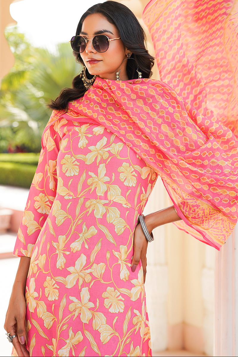 Pink Rayon Blend Floral Printed A-Line Kurta Palazzo With Dupatta VKSKD2347