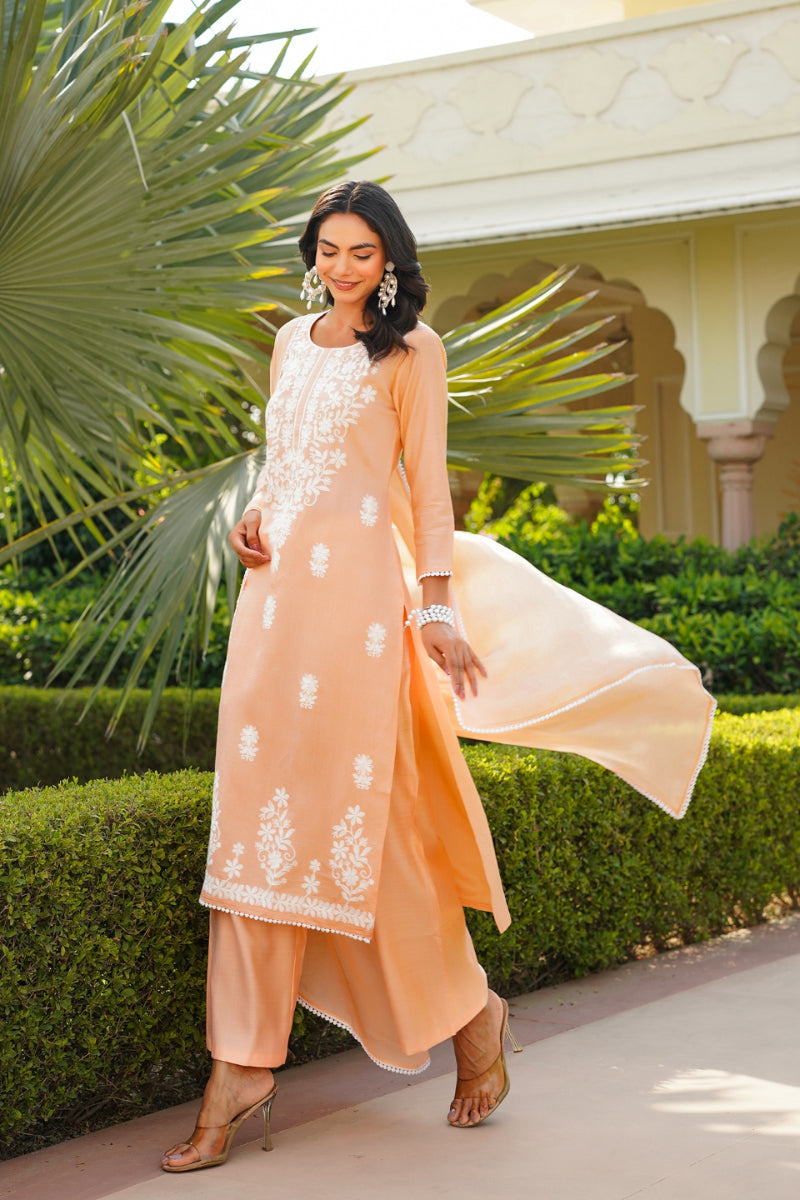 Peach Viscose Solid Embroidered Straight Kurta Palazzo With Dupatta VKSKD2351