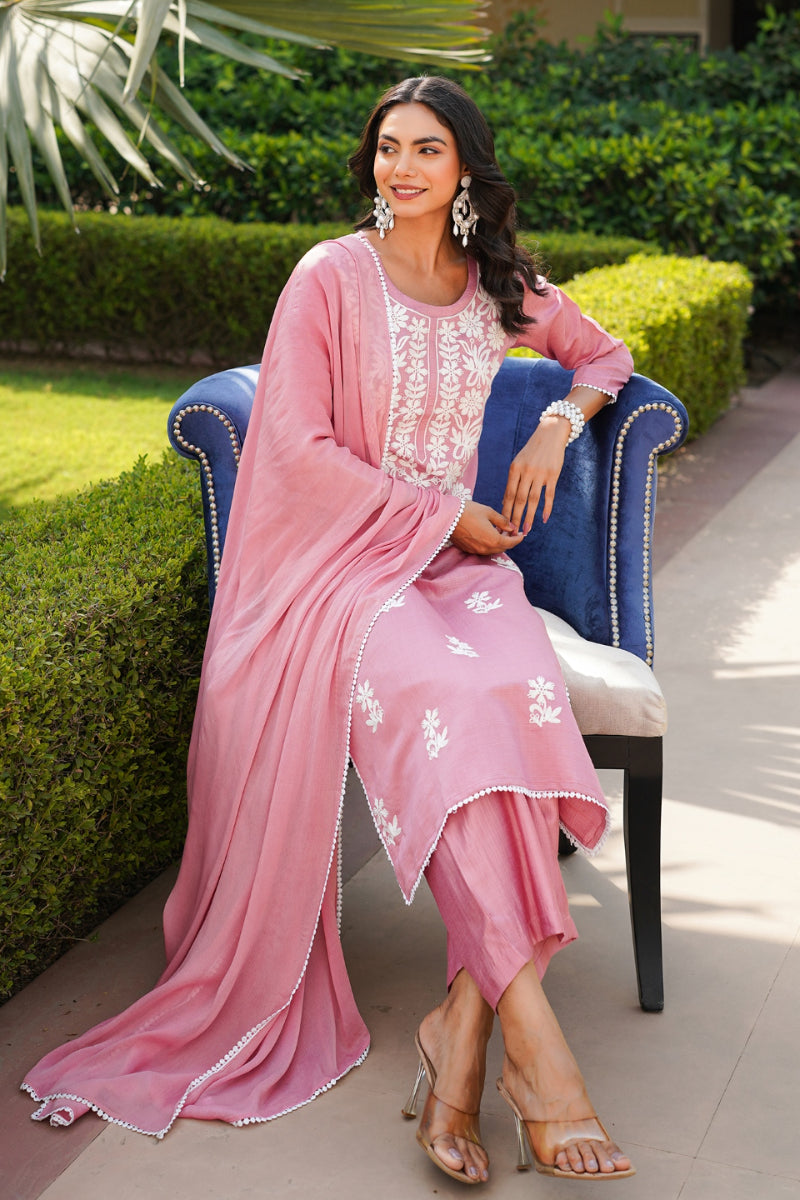 Pink Viscose Solid Embroidered Straight Kurta Palazzo With Dupatta VKSKD2354