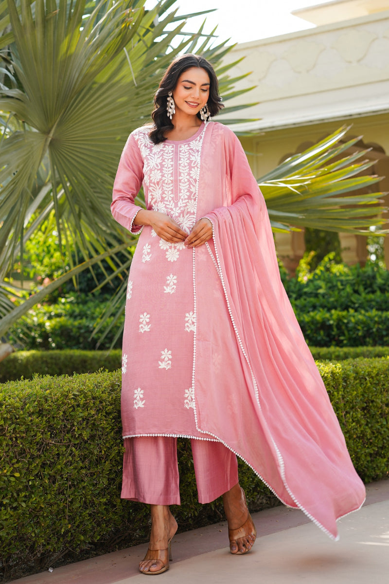 Pink Viscose Solid Embroidered Straight Kurta Palazzo With Dupatta VKSKD2354
