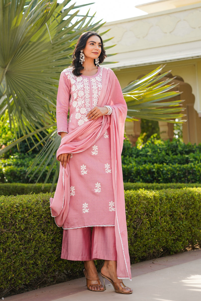 Pink Viscose Solid Embroidered Straight Kurta Palazzo With Dupatta VKSKD2354