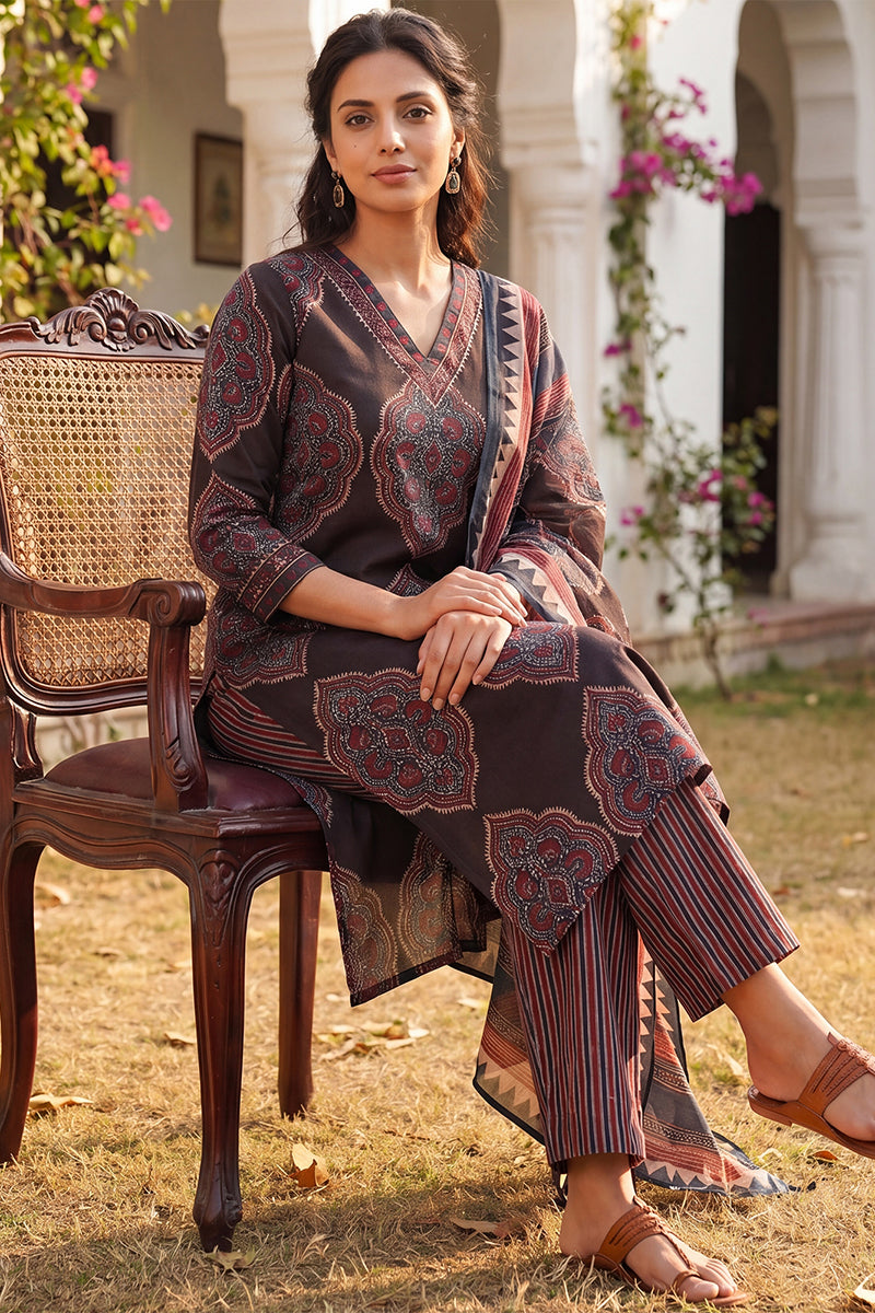 Black Rayon Blend Ethnic Motifs Printed Straight Kurta Trousers With Dupatta VKSKD2362