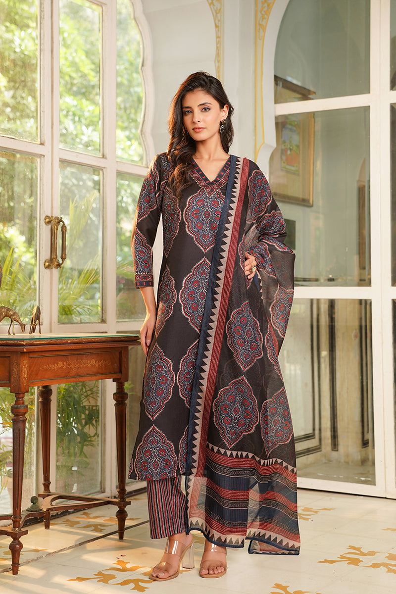 Black Rayon Blend Ethnic Motifs Printed Straight Kurta Trousers With Dupatta VKSKD2362