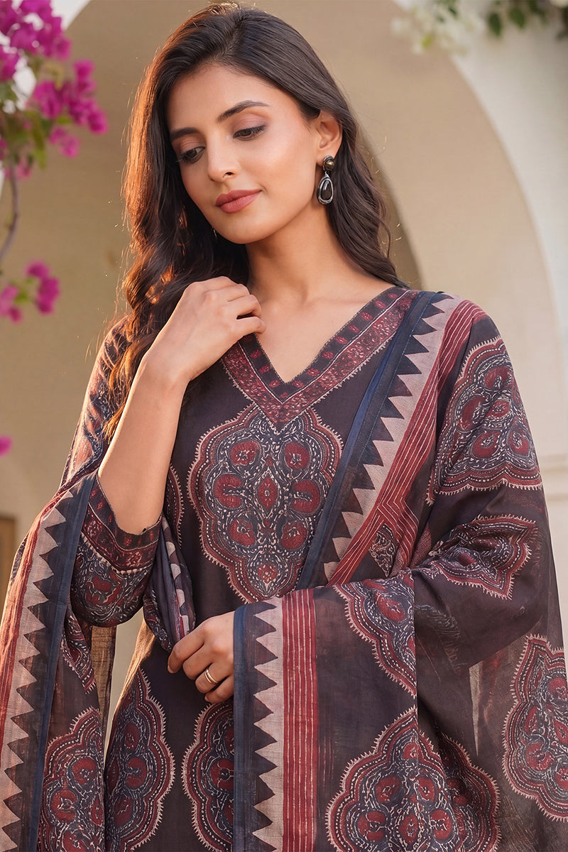 Black Rayon Blend Ethnic Motifs Printed Straight Kurta Trousers With Dupatta VKSKD2362