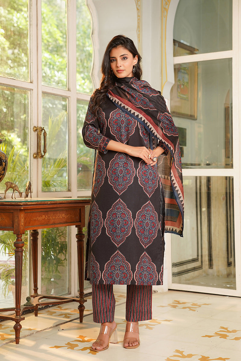 Black Rayon Blend Ethnic Motifs Printed Straight Kurta Trousers With Dupatta VKSKD2362