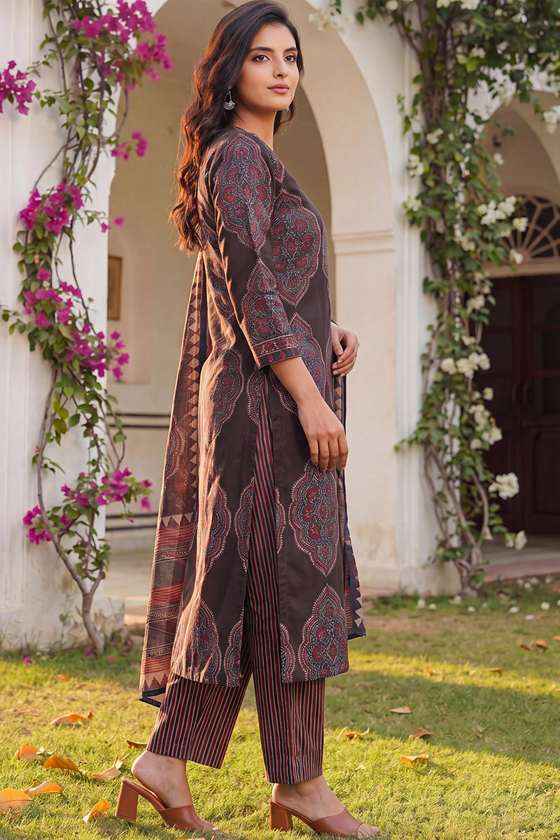 Black Rayon Blend Ethnic Motifs Printed Straight Kurta Trousers With Dupatta VKSKD2362