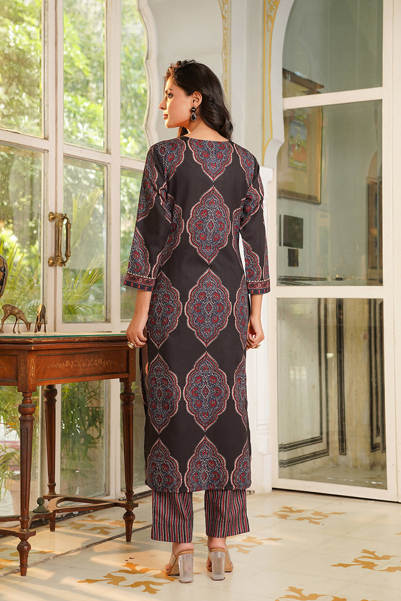 Black Rayon Blend Ethnic Motifs Printed Straight Kurta Trousers With Dupatta VKSKD2362