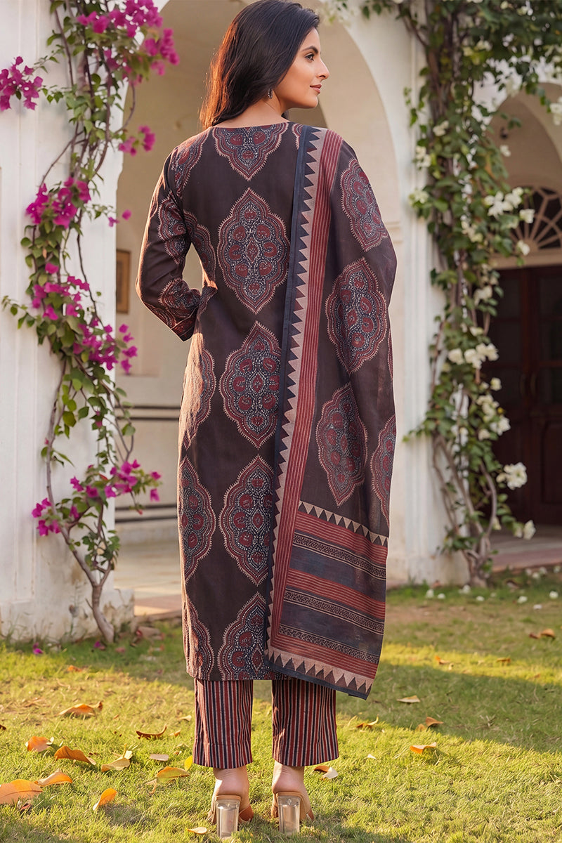 Black Rayon Blend Ethnic Motifs Printed Straight Kurta Trousers With Dupatta VKSKD2362
