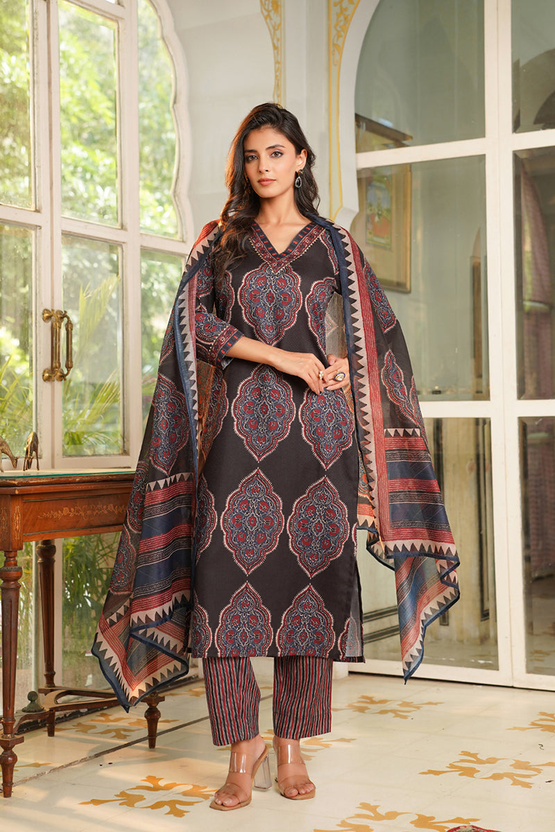 Black Rayon Blend Ethnic Motifs Printed Straight Kurta Trousers With Dupatta VKSKD2362