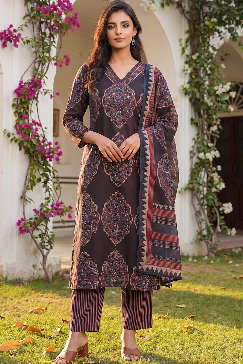 Black Rayon Blend Ethnic Motifs Printed Straight Kurta Trousers With Dupatta VKSKD2362
