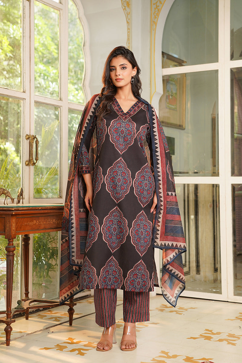 Black Rayon Blend Ethnic Motifs Printed Straight Kurta Trousers With Dupatta VKSKD2362
