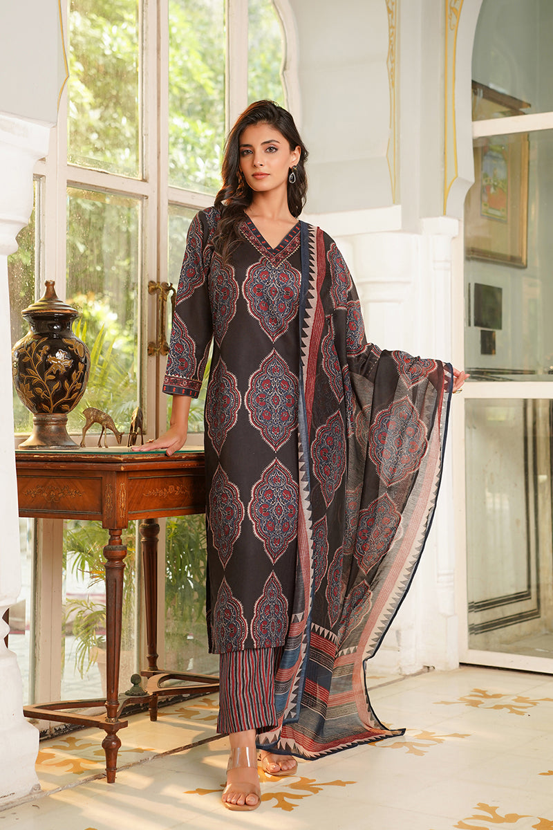 Black Rayon Blend Ethnic Motifs Printed Straight Kurta Trousers With Dupatta VKSKD2362