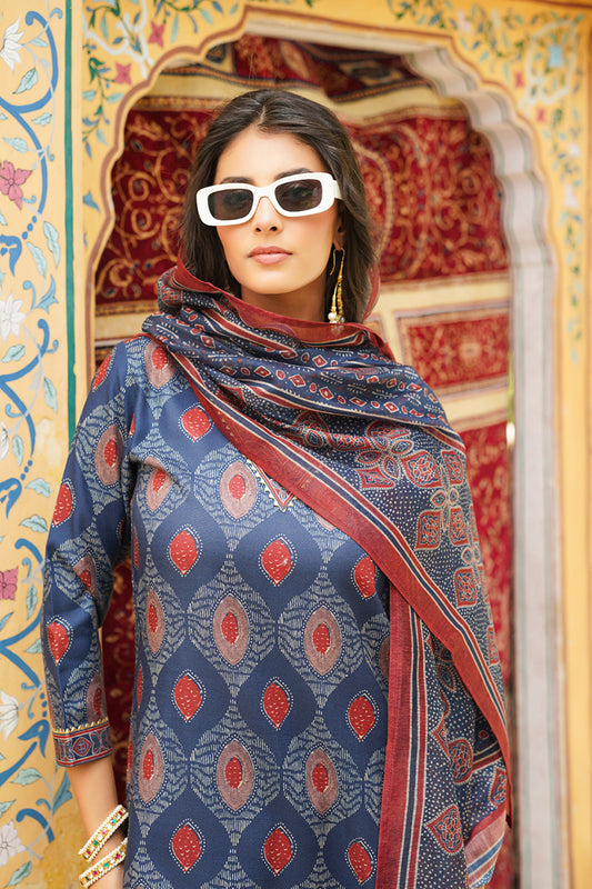 Blue Rayon Blend Ethnic Motifs Printed Straight Kurta Trousers With Dupatta VKSKD2363