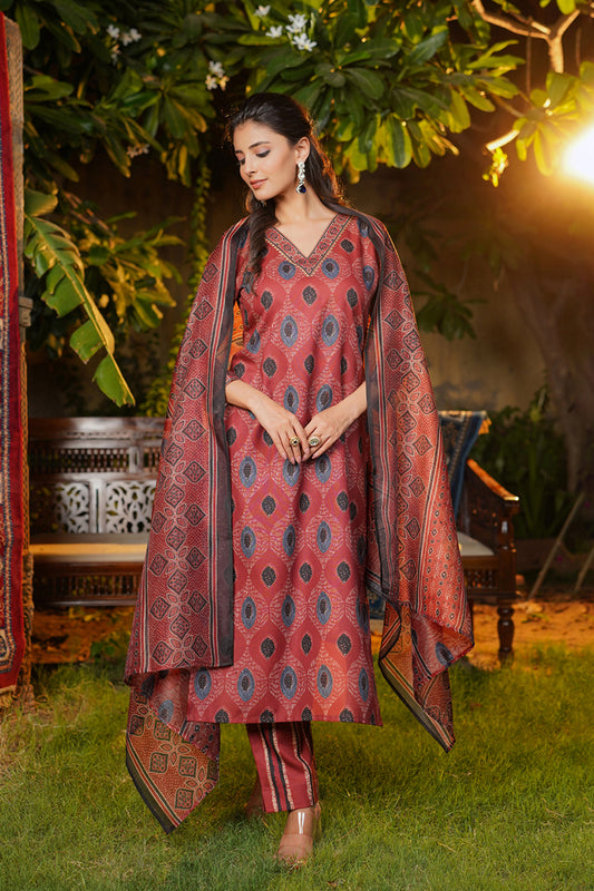 Maroon Rayon Blend Ethnic Motifs Printed Straight Kurta Trousers With Dupatta VKSKD2364