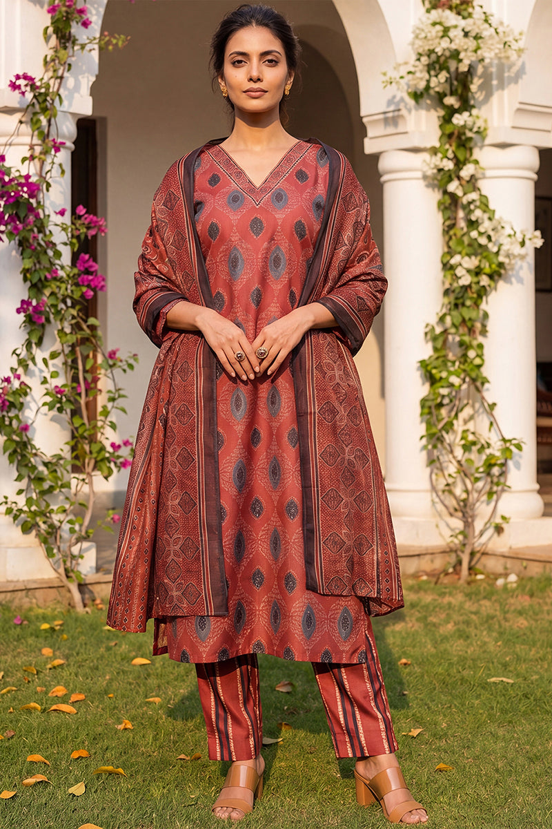 Maroon Rayon Blend Ethnic Motifs Printed Straight Kurta Trousers With Dupatta VKSKD2364