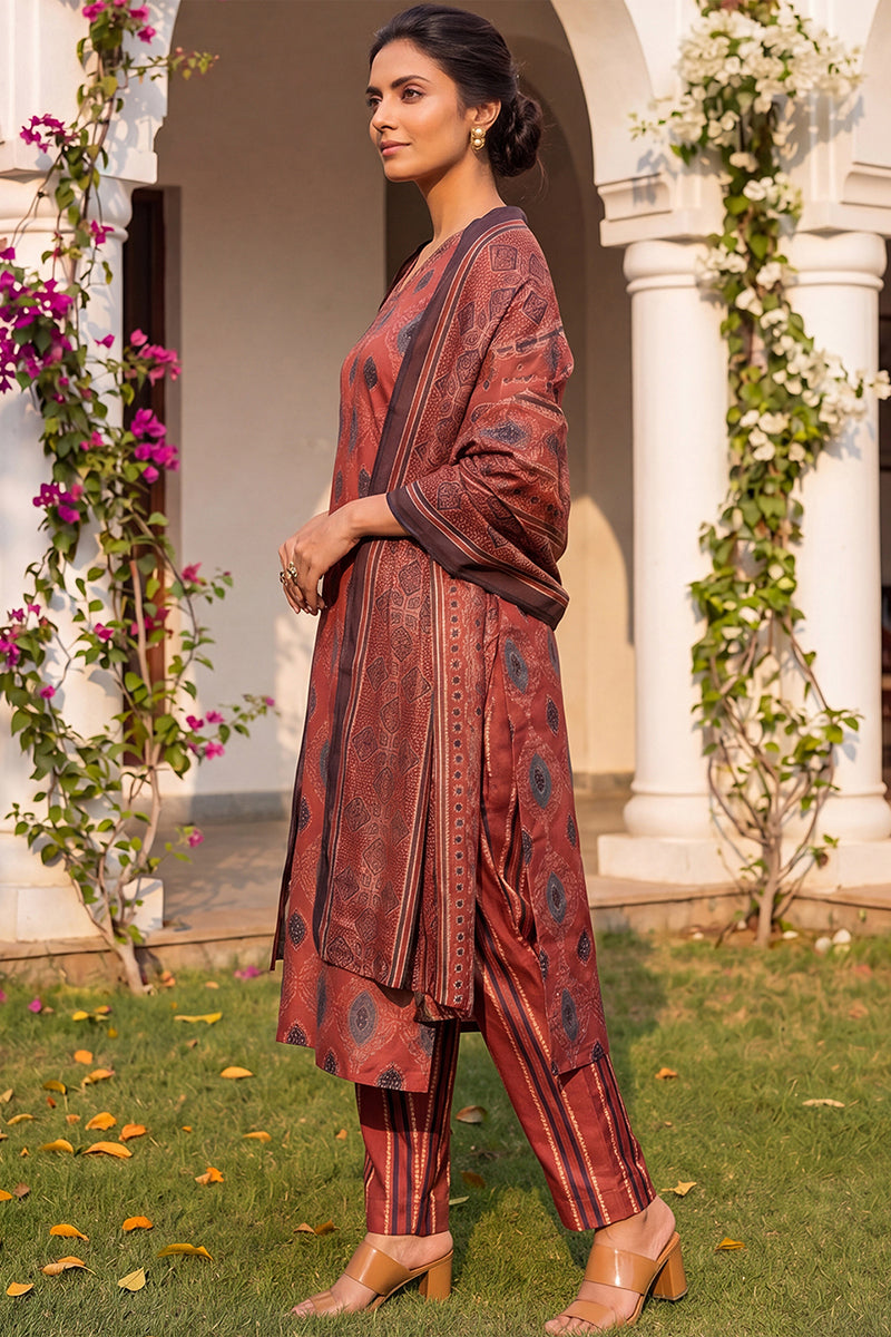 Maroon Rayon Blend Ethnic Motifs Printed Straight Kurta Trousers With Dupatta VKSKD2364