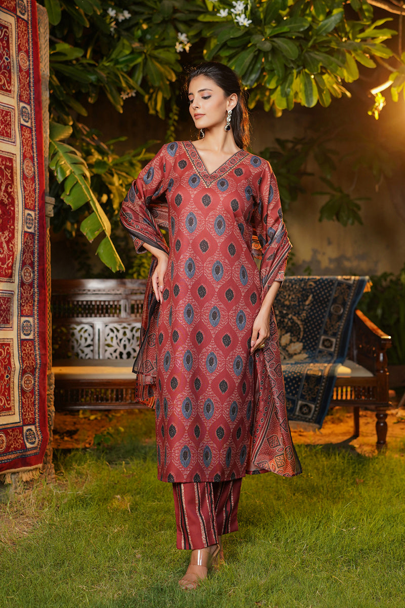 Maroon Rayon Blend Ethnic Motifs Printed Straight Kurta Trousers With Dupatta VKSKD2364