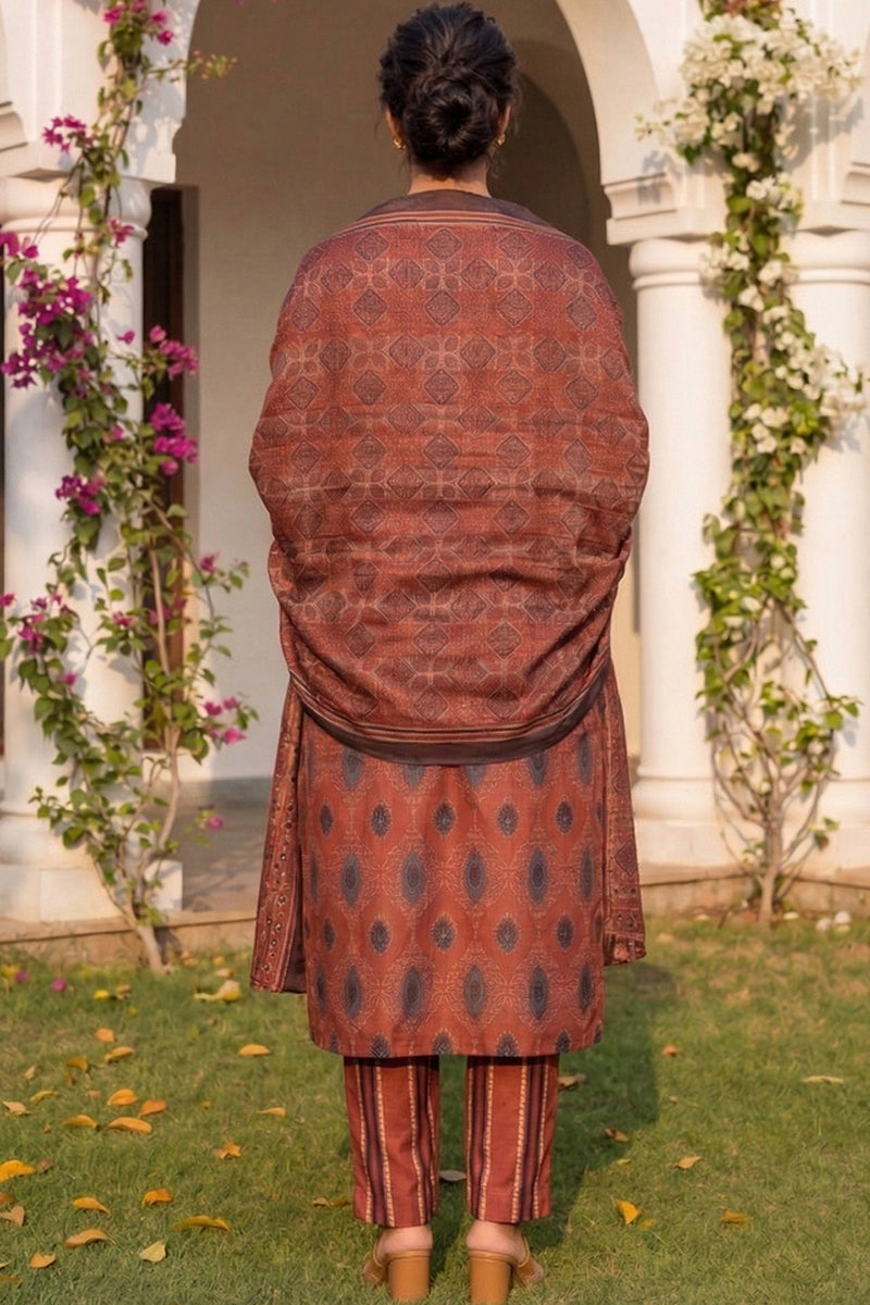 Maroon Rayon Blend Ethnic Motifs Printed Straight Kurta Trousers With Dupatta VKSKD2364