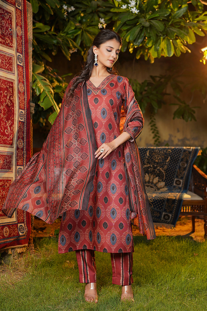 Maroon Rayon Blend Ethnic Motifs Printed Straight Kurta Trousers With Dupatta VKSKD2364
