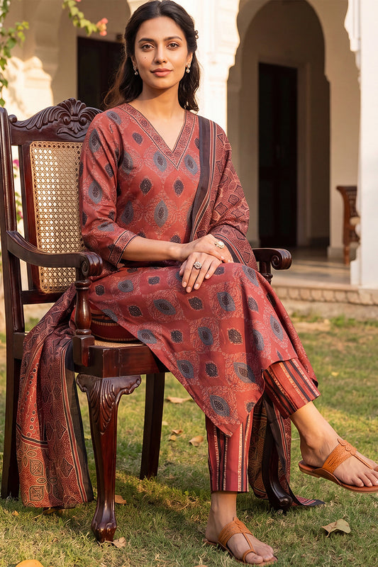 Maroon Rayon Blend Ethnic Motifs Printed Straight Kurta Trousers With Dupatta VKSKD2364