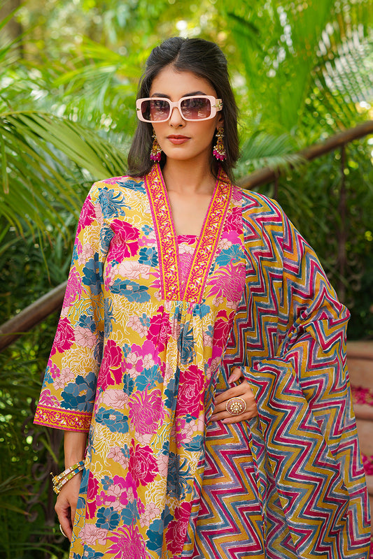 Yellow Rayon Blend Floral Printed Straight Kurta Palazzos With Dupatta VKSKD2366