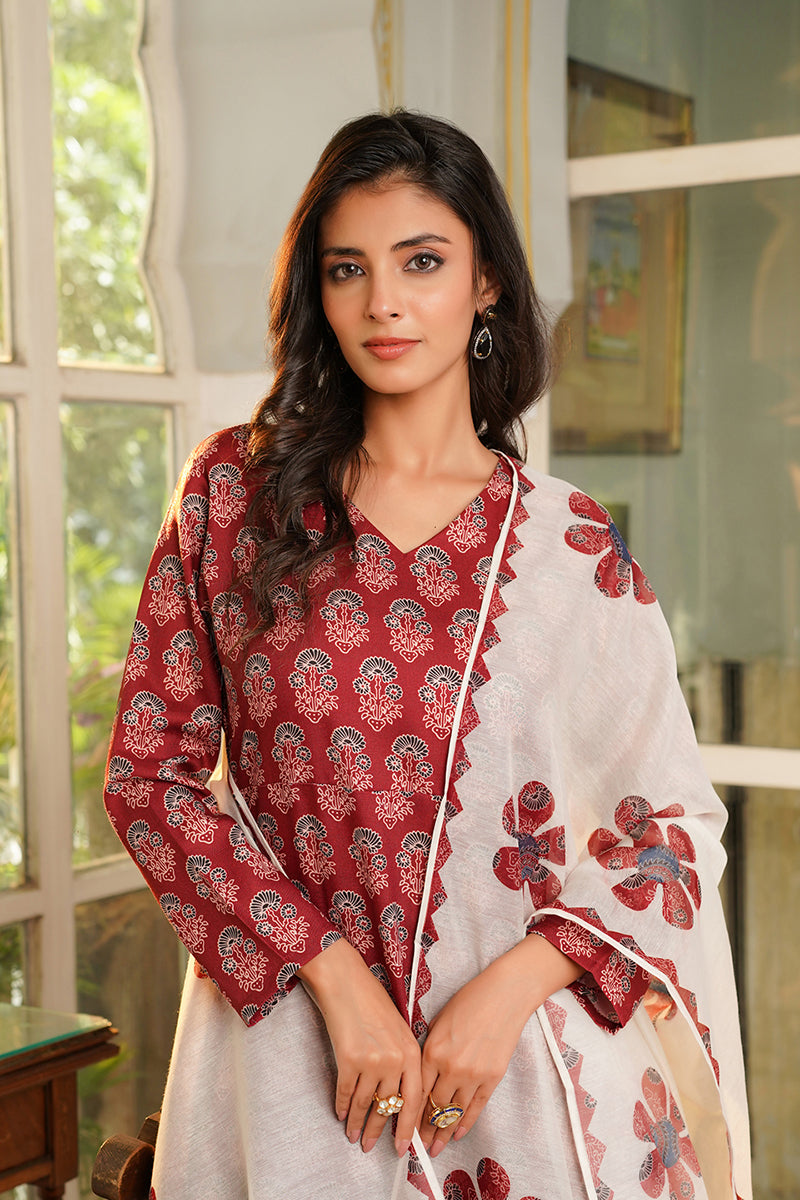 Maroon Rayon Blend Floral Printed A-Line Kurta Palazzos With Dupatta VKSKD2367