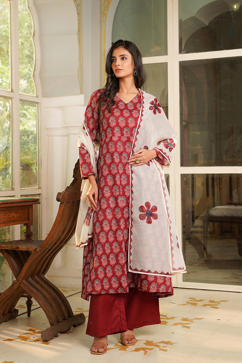 Maroon Rayon Blend Floral Printed A-Line Kurta Palazzos With Dupatta VKSKD2367