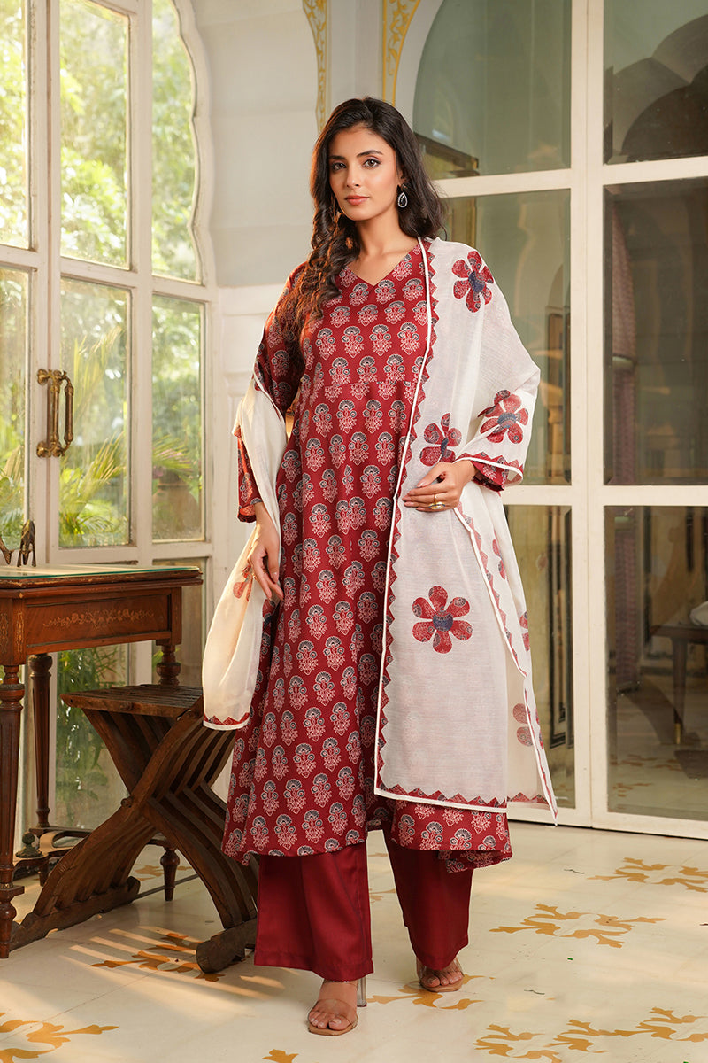 Maroon Rayon Blend Floral Printed A-Line Kurta Palazzos With Dupatta VKSKD2367