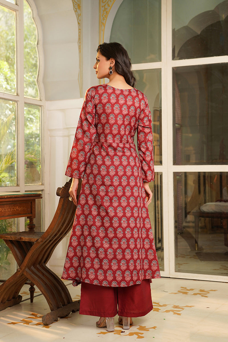 Maroon Rayon Blend Floral Printed A-Line Kurta Palazzos With Dupatta VKSKD2367