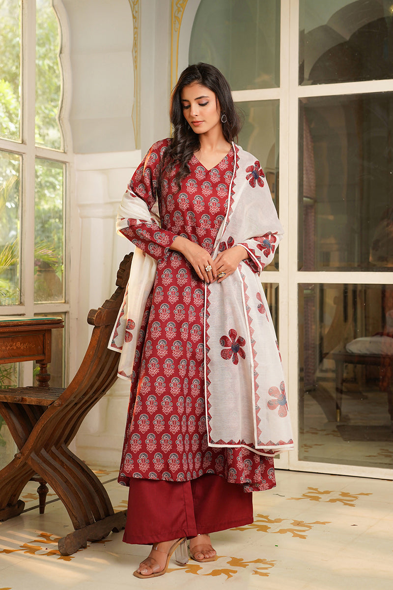Maroon Rayon Blend Floral Printed A-Line Kurta Palazzos With Dupatta VKSKD2367
