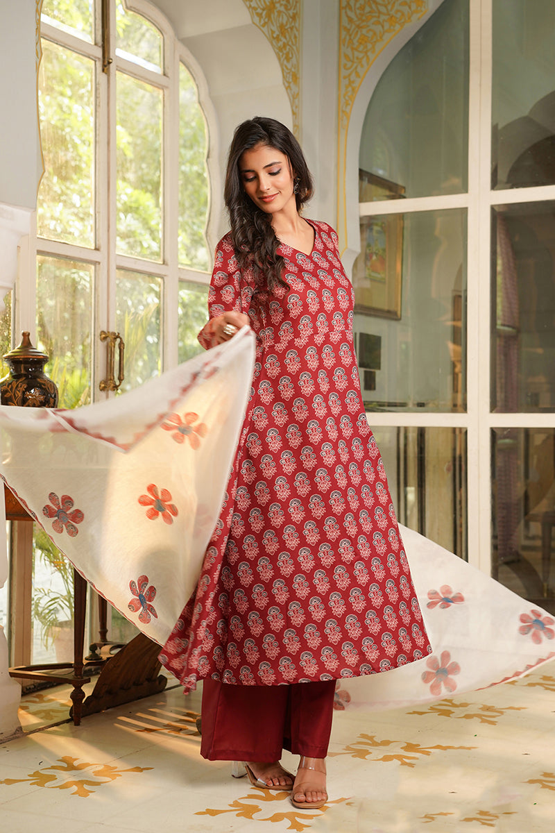 Maroon Rayon Blend Floral Printed A-Line Kurta Palazzos With Dupatta VKSKD2367