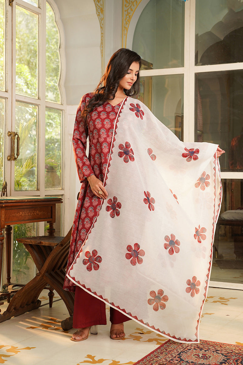 Maroon Rayon Blend Floral Printed A-Line Kurta Palazzos With Dupatta VKSKD2367