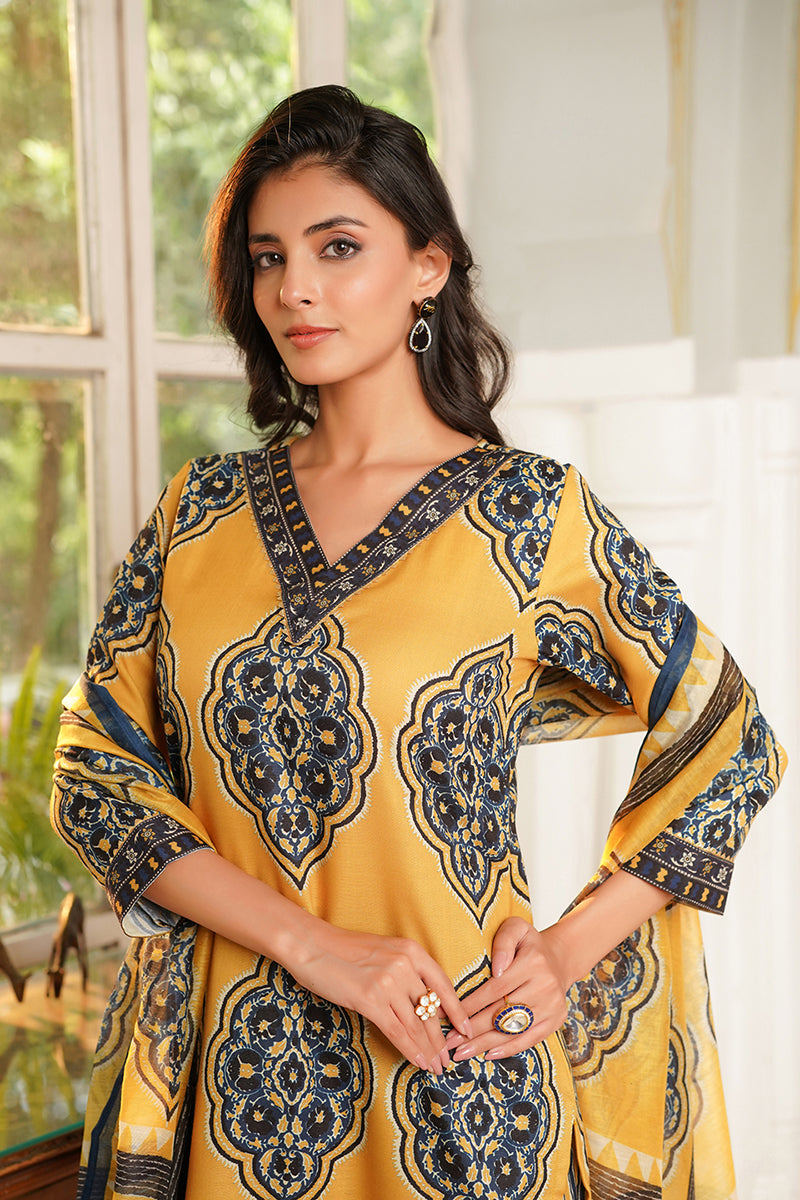 Yellow Rayon Blend Ethnic Motifs Printed Straight Kurta Trousers With Dupatta VKSKD2368