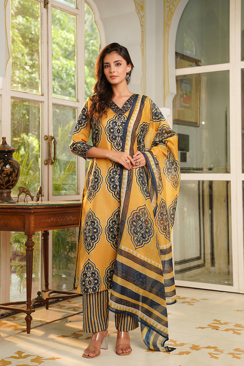 Yellow Rayon Blend Ethnic Motifs Printed Straight Kurta Trousers With Dupatta VKSKD2368