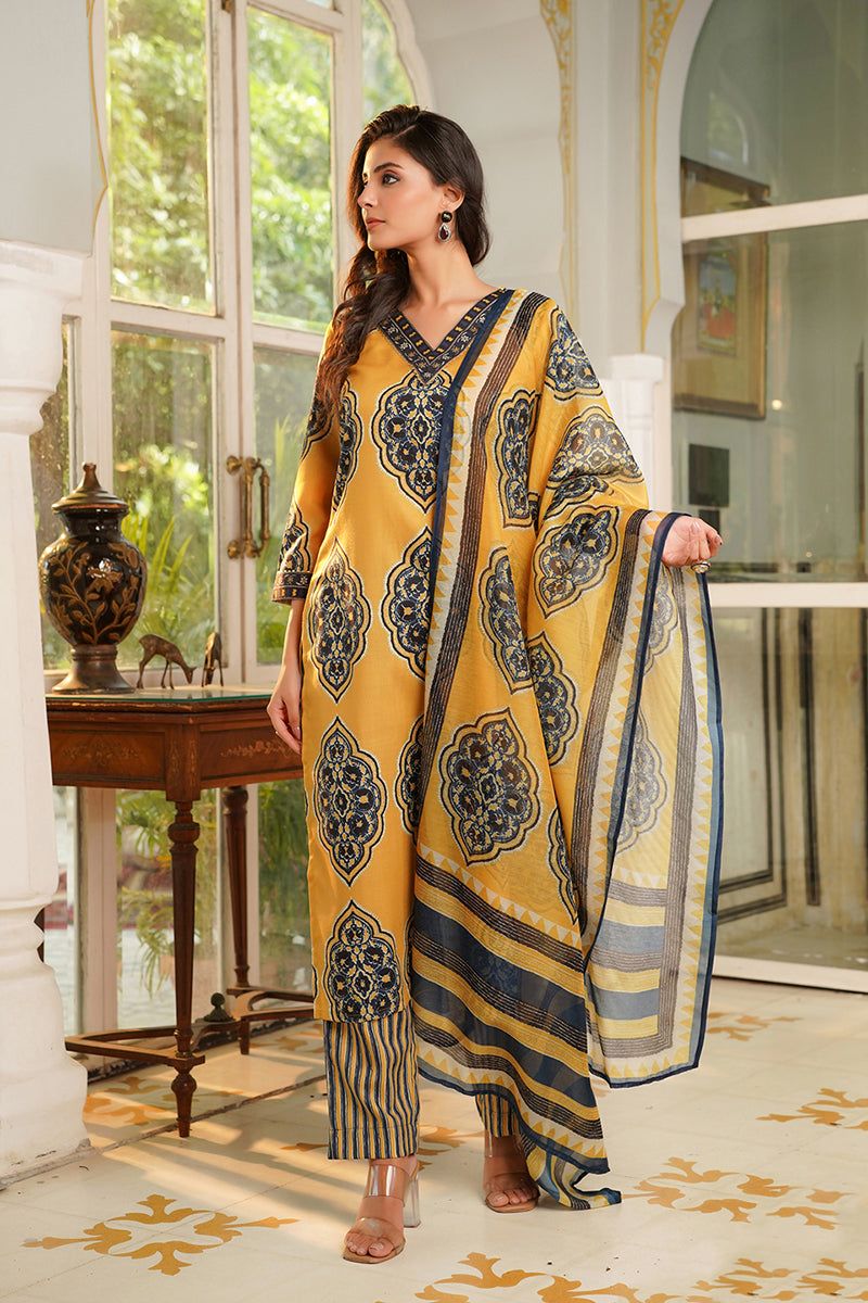 Yellow Rayon Blend Ethnic Motifs Printed Straight Kurta Trousers With Dupatta VKSKD2368