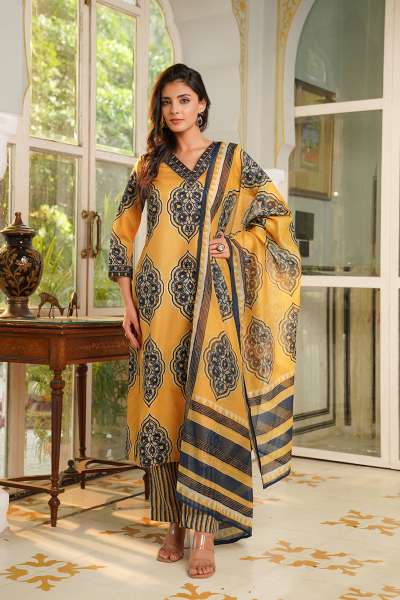 Yellow Rayon Blend Ethnic Motifs Printed Straight Kurta Trousers With Dupatta VKSKD2368