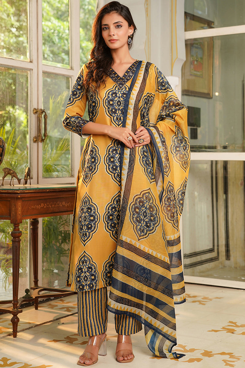 Yellow Rayon Blend Ethnic Motifs Printed Straight Kurta Trousers With Dupatta VKSKD2368