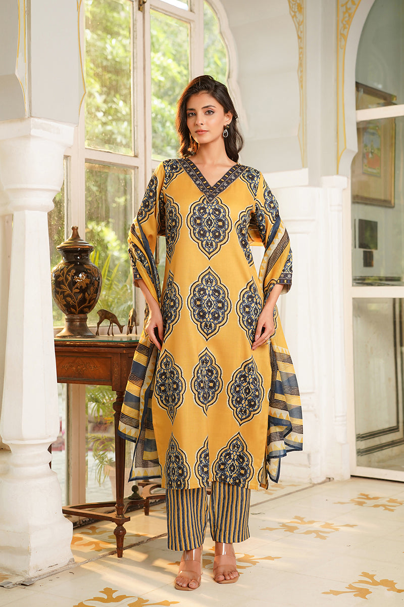 Yellow Rayon Blend Ethnic Motifs Printed Straight Kurta Trousers With Dupatta VKSKD2368