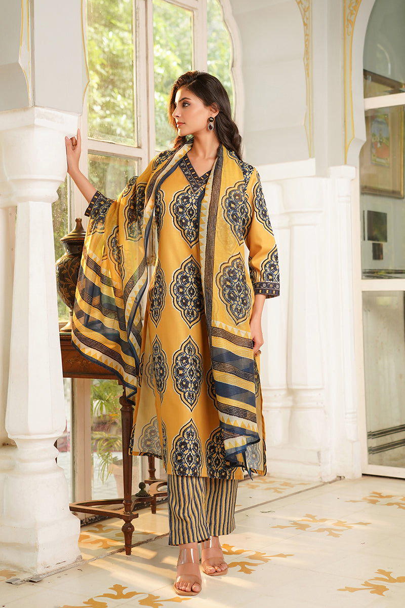 Yellow Rayon Blend Ethnic Motifs Printed Straight Kurta Trousers With Dupatta VKSKD2368