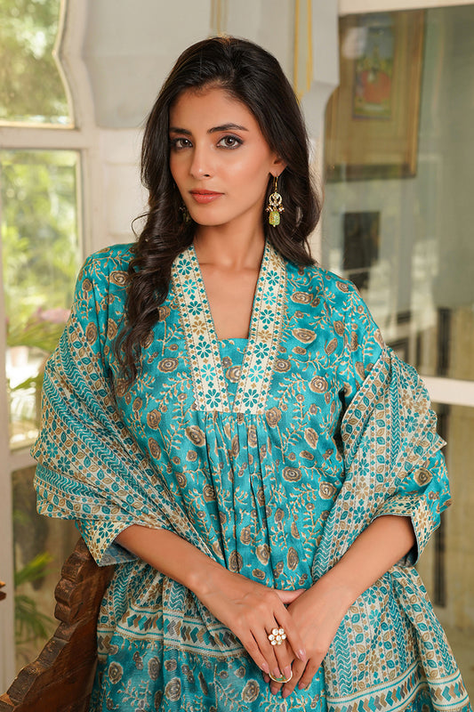 Turquoise Blue Rayon Blend Floral Printed Straight Kurta Trouser with Dupatta VKSKD2369