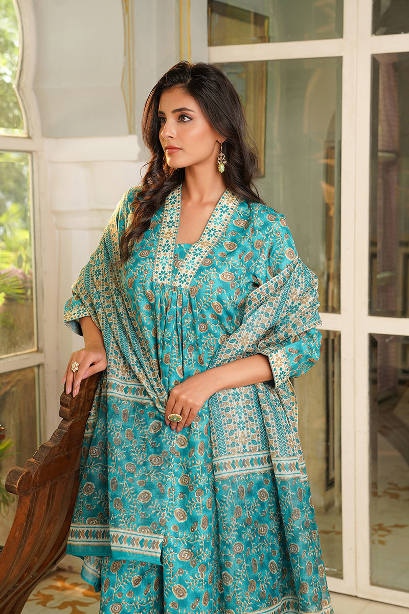 Turquoise Blue Rayon Blend Floral Printed Straight Kurta Trouser with Dupatta VKSKD2369