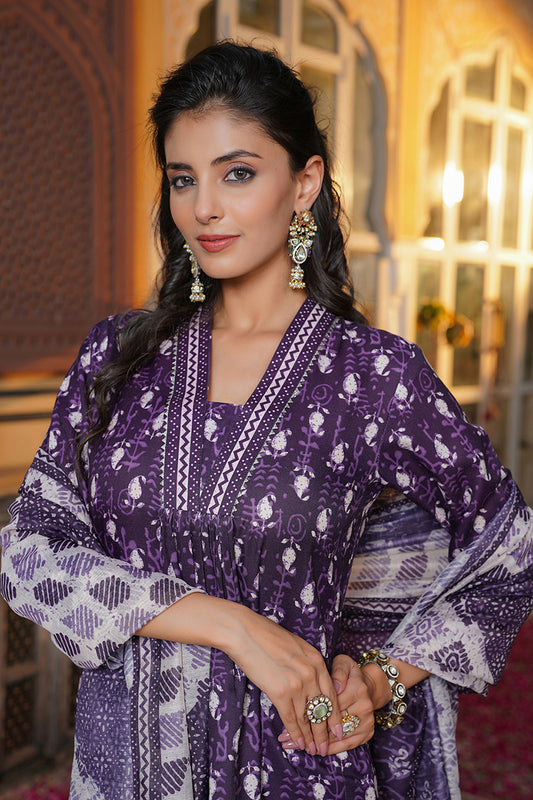 Purple Rayon Blend Batik Printed Straight Kurta Palazzos With Dupatta VKSKD2370