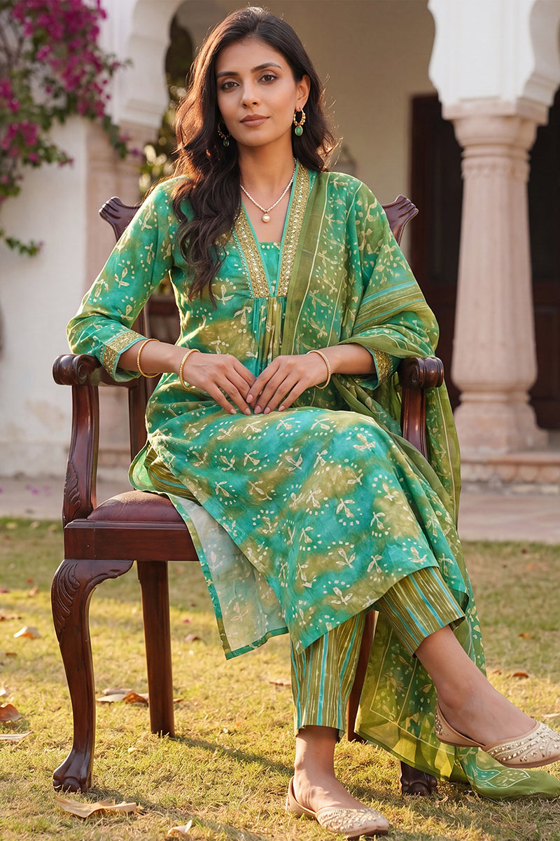 Green Rayon Blend Ethnic Motifs Printed Straight Kurta Palazzos With Dupatta VKSKD2371