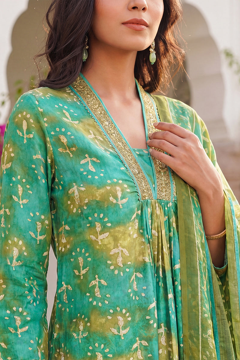Green Rayon Blend Ethnic Motifs Printed Straight Kurta Palazzos With Dupatta VKSKD2371
